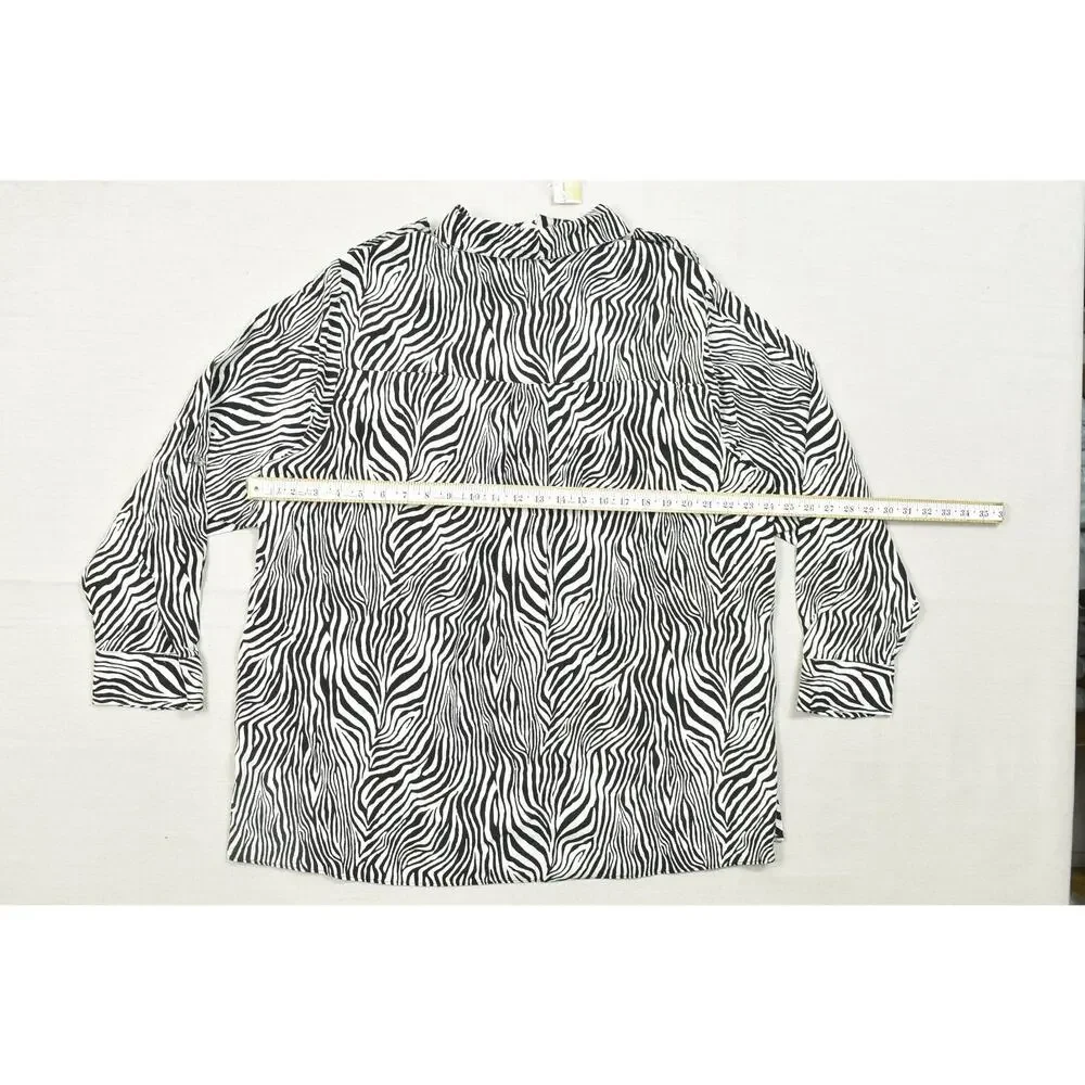 Michael Kors Women's 2X Zebra Print Linen Viscose Button Up Blouse Long Sleeve B